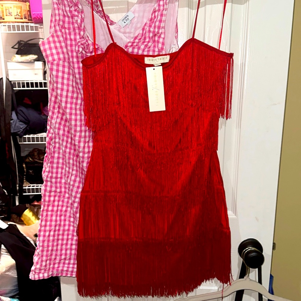 Red fringe mini dress m new with tags